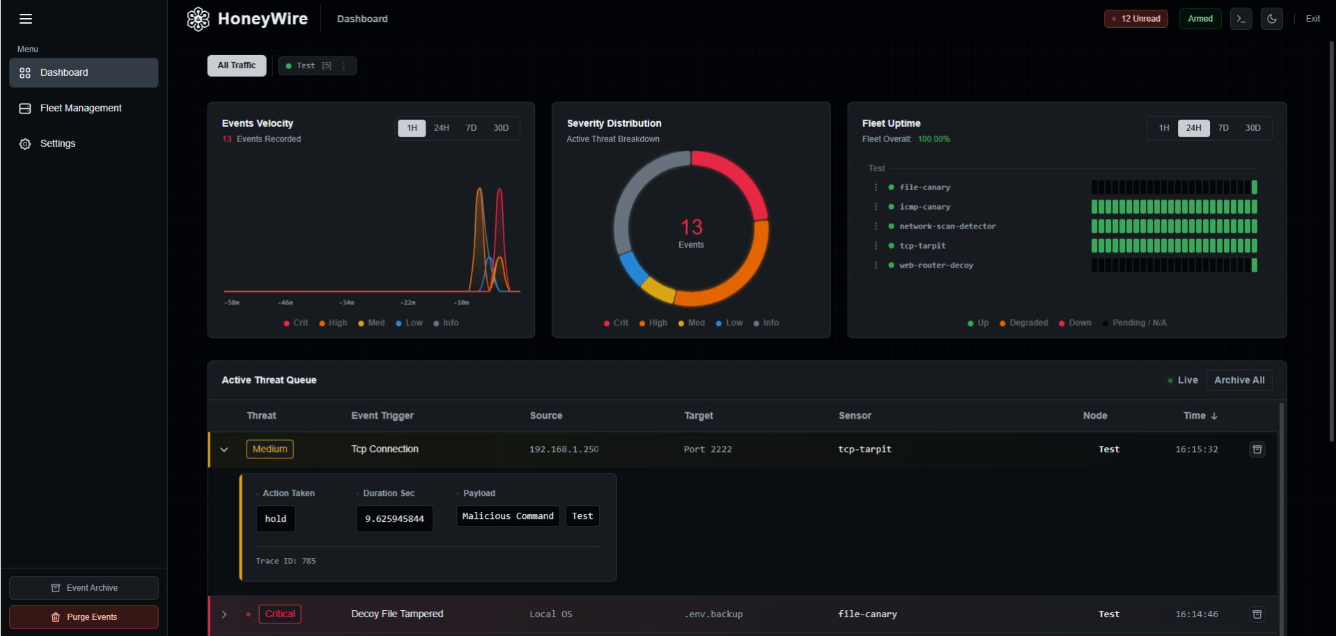 HoneyWire Hub Dashboard in Dark Mode